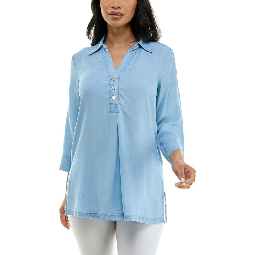 Tencel Long Sleeve Novelty Buttons And Side Slits Top, Small,  6F-199T001